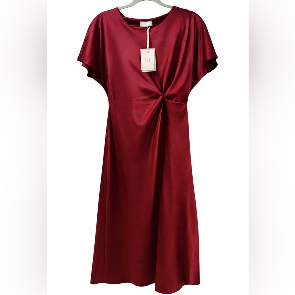 SAIPH Burgundy Satin Twist Front Midi Dress L NWT Italian Elegant